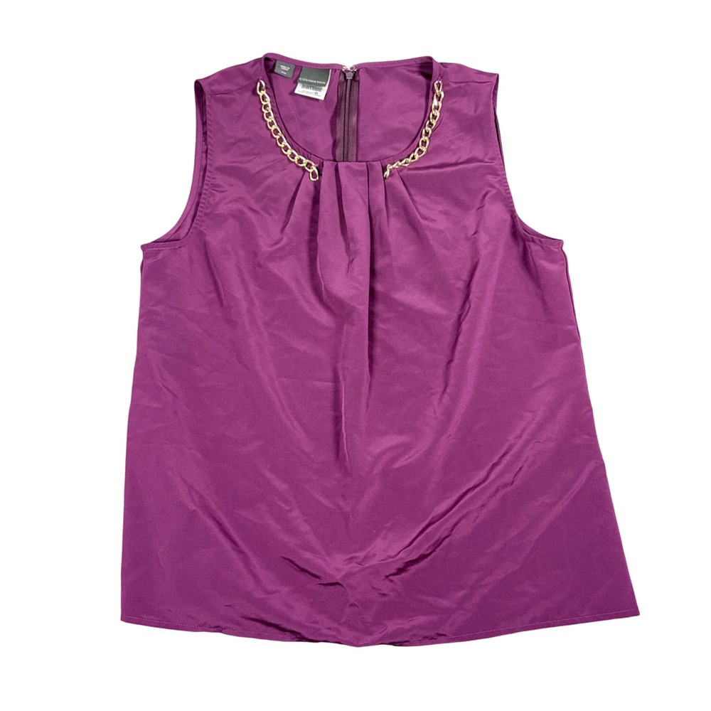 Covington Womens Medium‎ Purple Sleeveless Blouse Gold Chain Neck Pleated Top